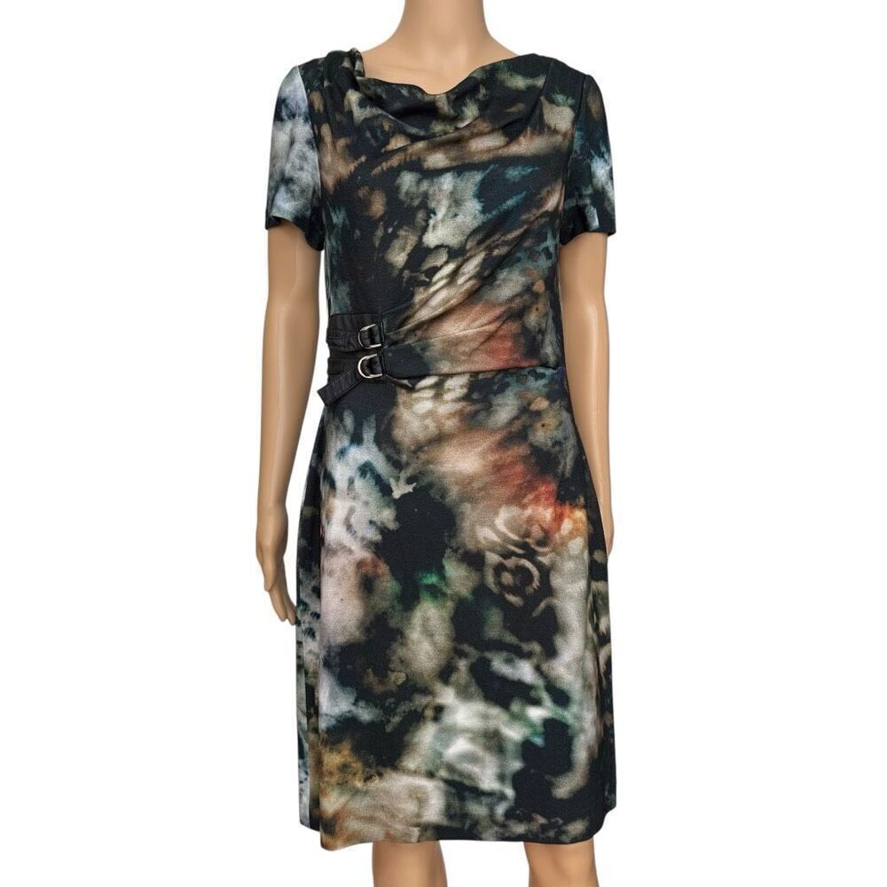 Kay Unger New York Abstract Print Dress Cowl Neck, twist Waist Size 10